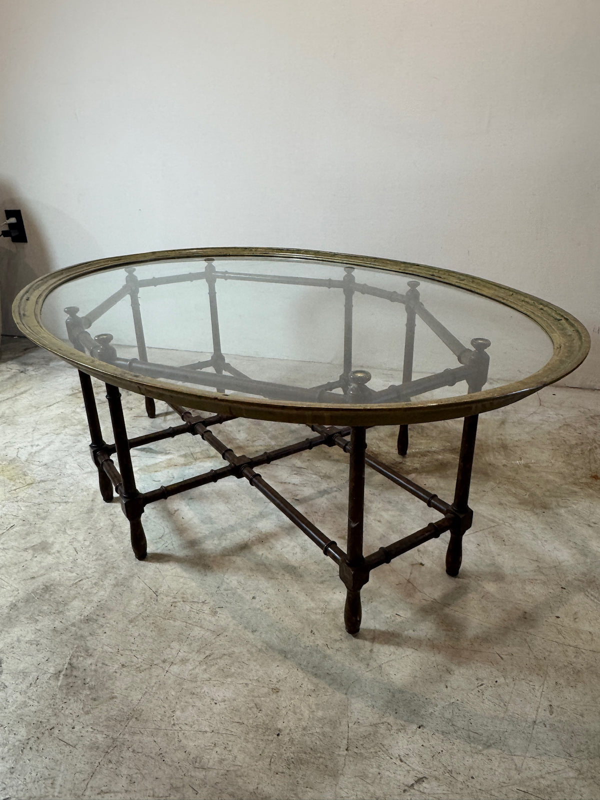 Mid-Century faux bamboo brass and glass coffee table attributed to Baker Furniture, oval glass top with lacquered bamboo-form base — Hommes and Gardens, Furniture Collection, Landscape Architect, Interior Designer, Outdoor Living, Art, Furniture, Objects, Best Gifts, Nature, Backyard, Yard, Outdoor Decorations, Home Decor, Home Design, Luxury Design.