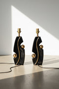 Pair of Mid-Century Modern Glazed Pottery Table Lamps featuring a stylish black and gold design, hommes + gardens estudio.