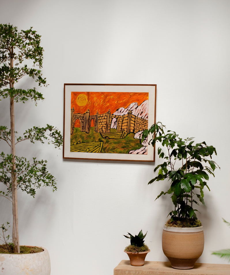 Untitled Abstract Landscape by Lionel Kalish displayed on a wall among indoor plants at hommes + gardens estudio.