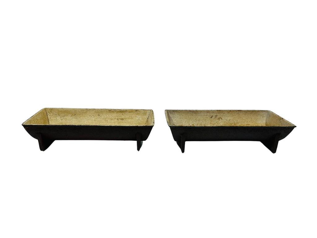 Pair of industrial cast iron troughs with firebrick interior, showcasing authentic wear and rust patina, perfect as rustic garden planters — Hommes and Gardens, POTS + PLANTERS Collection, Landscape Architect, Interior Designer, Outdoor Living, Art, Furniture, Objects, Best Gifts, Nature, Backyard, Yard, Outdoor Decorations, Home Decor, Home Design, Luxury Design.