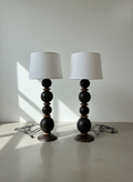 Pair of vintage metal table lamps with sleek white drum shades, featuring classic mid-century styling and warm ambient lighting — Hommes and Gardens, Lights + Lanterns Collection, Home Decor, Landscape Architect, Interior Designer, Outdoor Living, Outdoor Decorations, Home Design, Luxury Design, Art, Furniture, Objects, Best Gifts, Nature, Backyard, Yard.