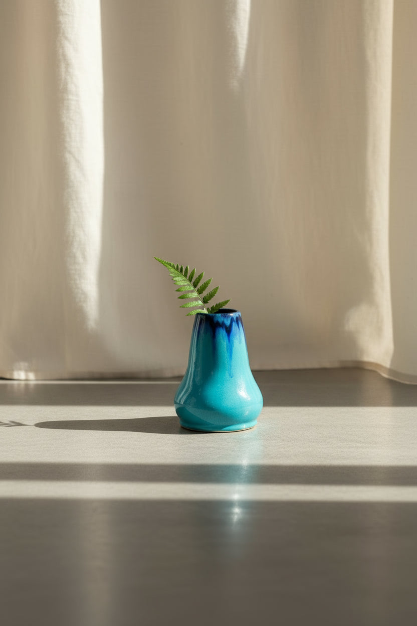 Petite glazed blue ceramic vase featuring elegant dark drip glaze from the rim, handcrafted pottery with artistic texture — Hommes and Gardens, Pots + Vessels Collection, Landscape Architect, Interior Designer, Outdoor Living, Outdoor Decorations, Home Decor, Home Design, Luxury Design, Art, Furniture, Objects, Best Gifts, Nature, Backyard, Yard.