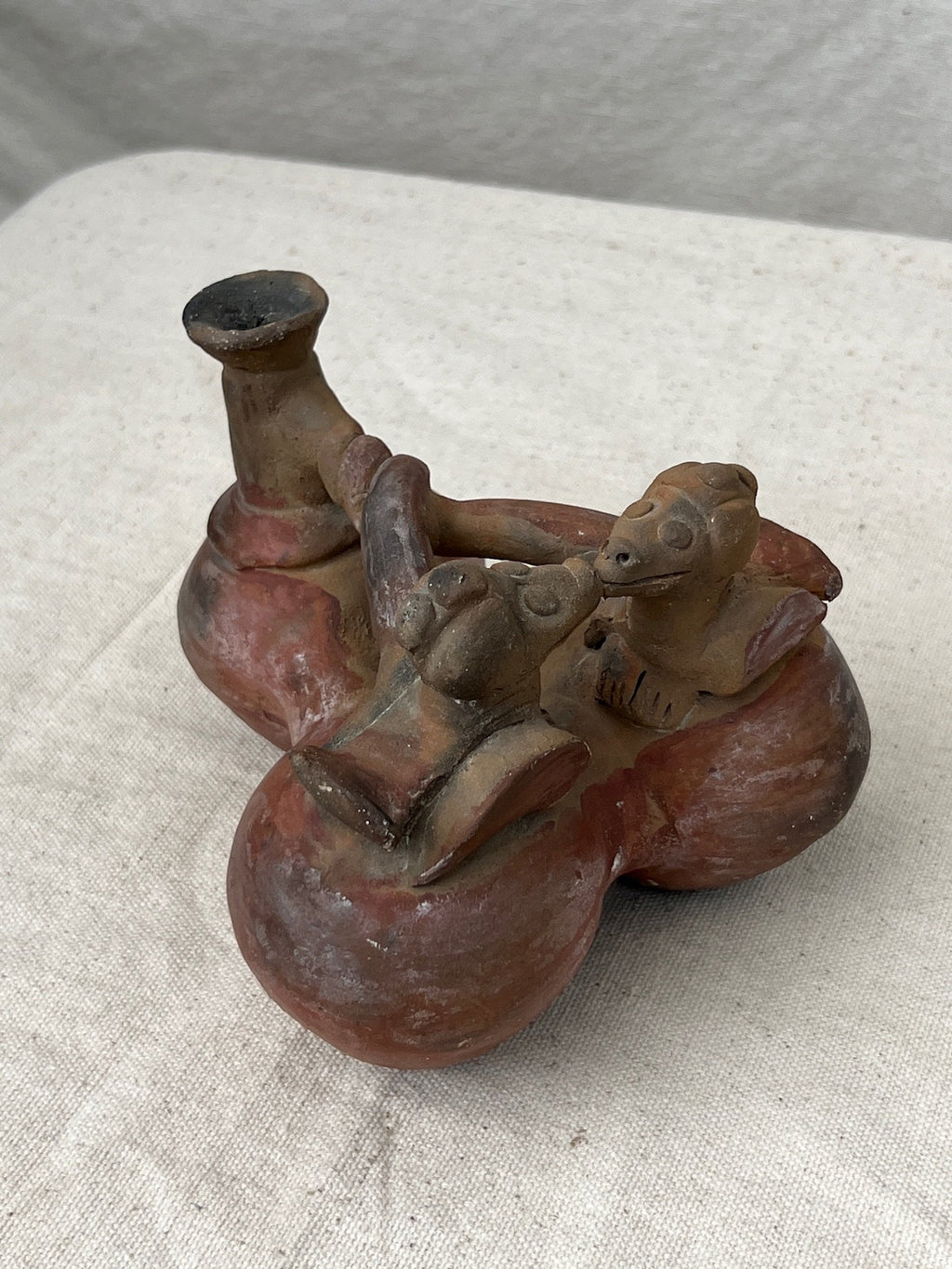 Rare Pre Columbian Terracotta Chimu Vessel Pottery featuring intricate designs and unique ancient artistry. hommes + gardens estudio.