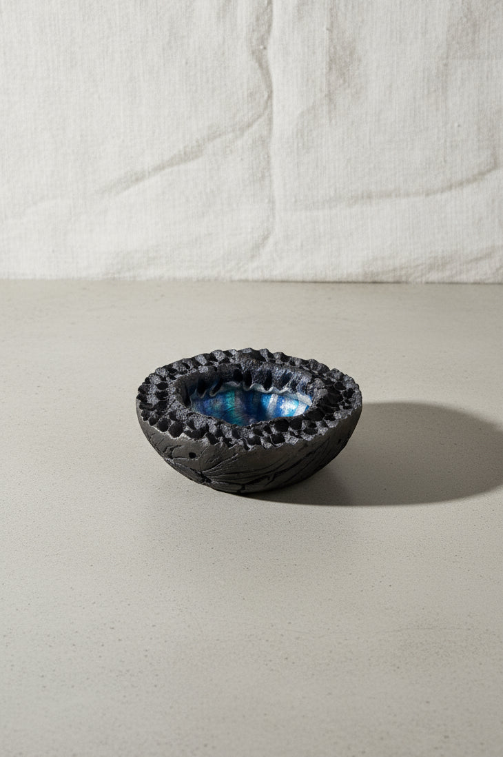 vintage raku lava bowl hutch ceramics maui volcanic texture