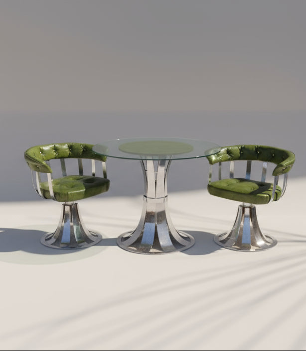 Rare Russell Woodard style chrome swivel dining set with glass-top table and green vinyl chairs, a sculptural mid-century modern Space Age design with Hollywood Regency flair — Hommes and Gardens, Furniture Collection, Home Decor, Landscape Architect, Interior Designer, Outdoor Living, Outdoor Decorations, Home Design, Luxury Design, Art, Furniture, Objects, Best Gifts, Nature, Backyard, Yard.