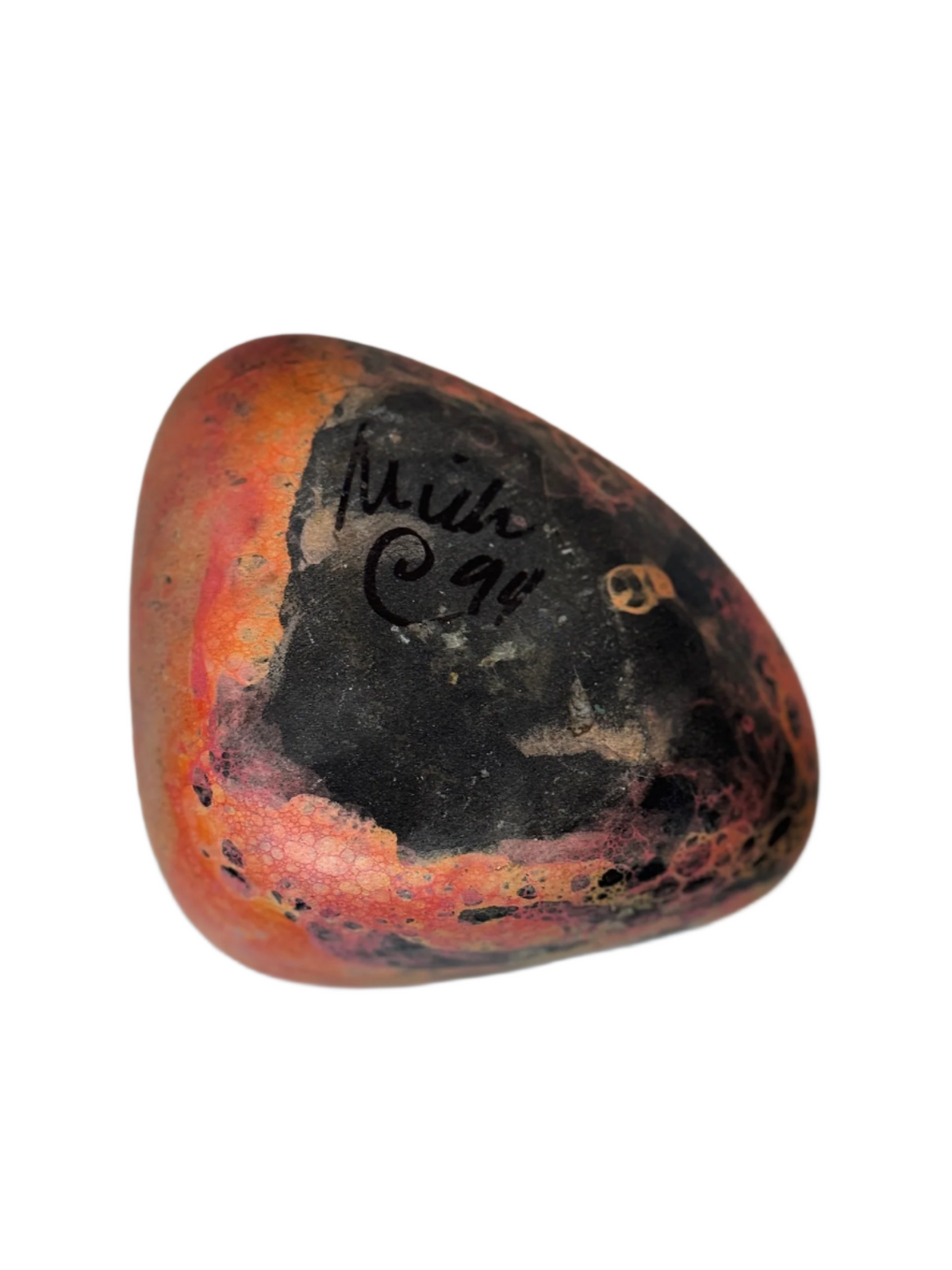 Unique 1994 freeform ceramic vase by Mich featuring volcanic glaze in fiery orange, black, and gold tones, an abstract handcrafted modern art piece — Hommes and Gardens, Pots + Vessels Collection, Home Decor, Landscape Architect, Interior Designer, Outdoor Living, Outdoor Decorations, Home Design, Luxury Design, Art, Furniture, Objects, Best Gifts, Nature, Backyard, Yard.