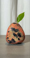 Unique freeform ceramic vase by Mich, 1994, featuring volcanic glaze in fiery orange, black, and gold tones, a sculptural abstract art pottery piece — Hommes and Gardens, Vases + Vessels Collection, Landscape Architect, Interior Designer, Outdoor Living, Art, Furniture, Objects, Best Gifts, Nature, Backyard, Yard, Outdoor Decorations, Home Decor, Home Design, Luxury Design.