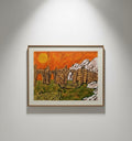 
Abstract Landscape by Lionel Kalish framed artwork displayed on a wall, featuring a vibrant orange sky, stone structures and green landscape, hommes + gardens estudio.