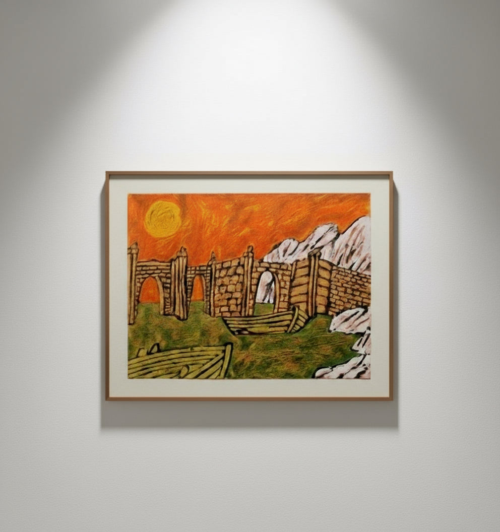 
Abstract Landscape by Lionel Kalish framed artwork displayed on a wall, featuring a vibrant orange sky, stone structures and green landscape, hommes + gardens estudio.