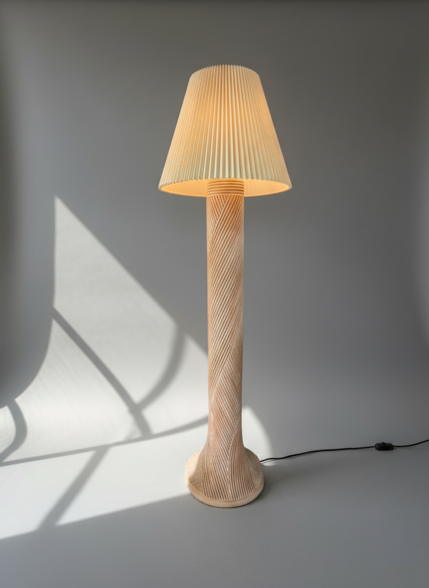 Vintage 1980s post-modern wood floor lamp with sculptural twisted design, natural wood tone, and pleated shade, a handcrafted statement lighting piece blending mid-century and bohemian style — Hommes and Gardens, Lights + Lanterns Collection, Home Decor, Landscape Architect, Interior Designer, Outdoor Living, Outdoor Decorations, Home Design, Luxury Design, Art, Furniture, Objects, Best Gifts, Nature, Backyard, Yard.