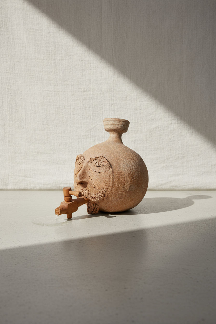 Vintage Ceramic Face Water Dispenser showcasing intricate handcrafted details and functional design. hommes + gardens estudio.