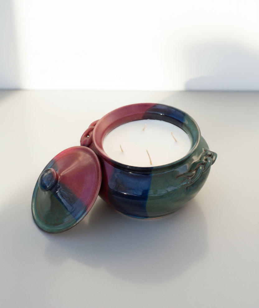 Vintage Ceramic Lidded Dish | H&G x Western Disco, hand poured candle in colorful ceramic dish, hommes + gardens estudio.