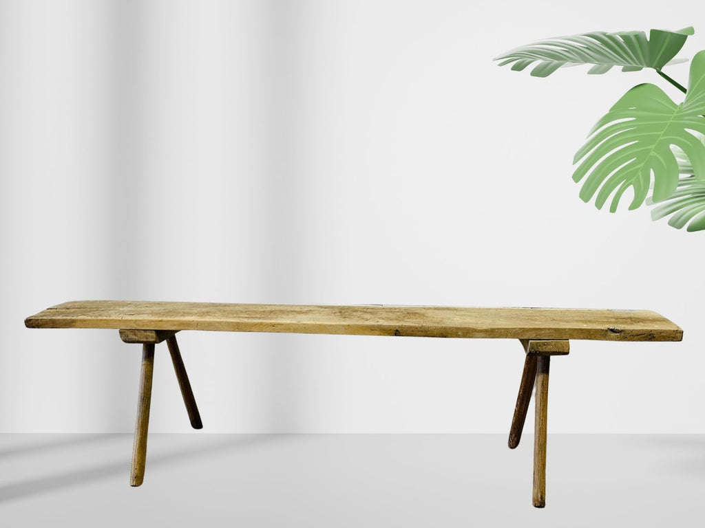 Vintage European rustic bleached wood bench, originally a butcher’s table, with weathered surface and splayed legs, repurposed as a console or seating piece — Hommes and Gardens, Furniture Collection, Landscape Architect, Interior Designer, Outdoor Living, Art, Furniture, Objects, Best Gifts, Nature, Backyard, Yard, Outdoor Decorations, Home Decor, Home Design, Luxury Design.