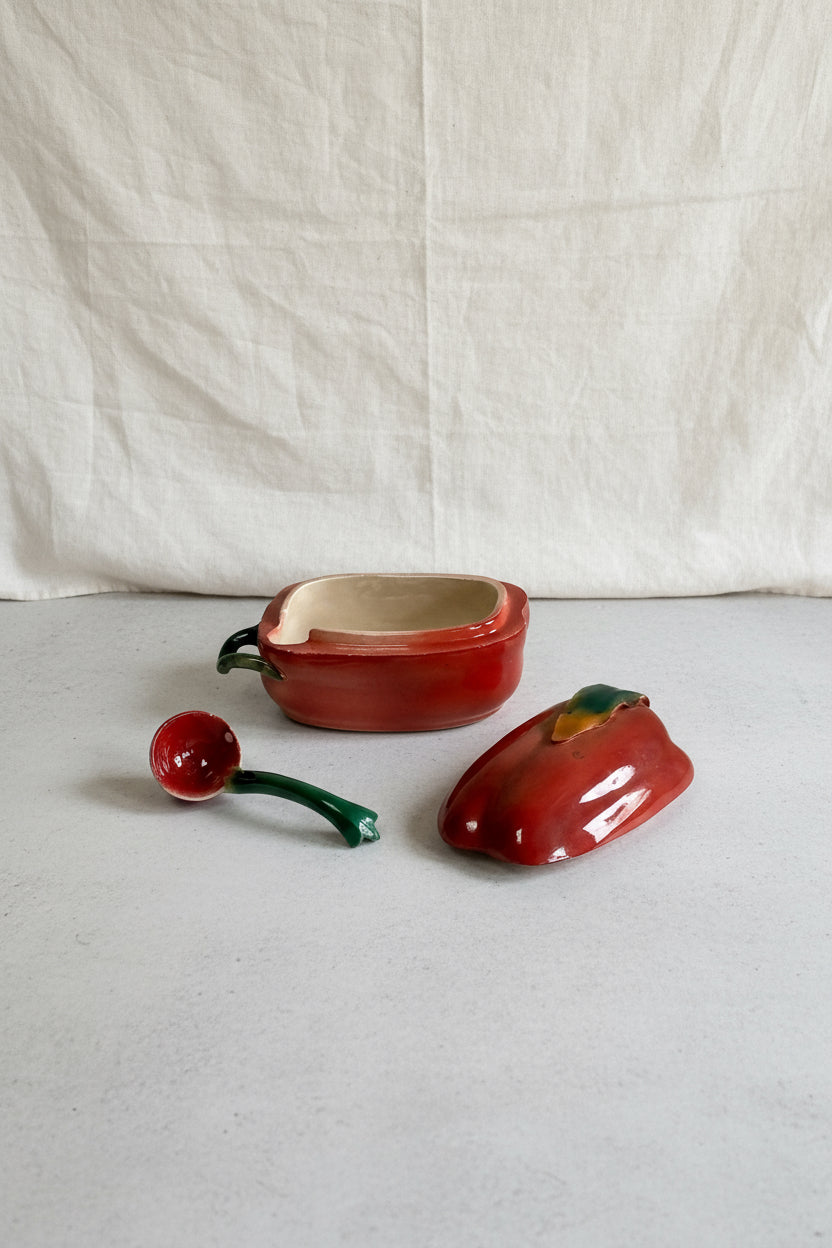 Vintage Hand Painted Chili Pepper Salsa Bowl & Spoon 3 Piece Set with rustic design, perfect for kitchen décor. hommes + gardens estudio.