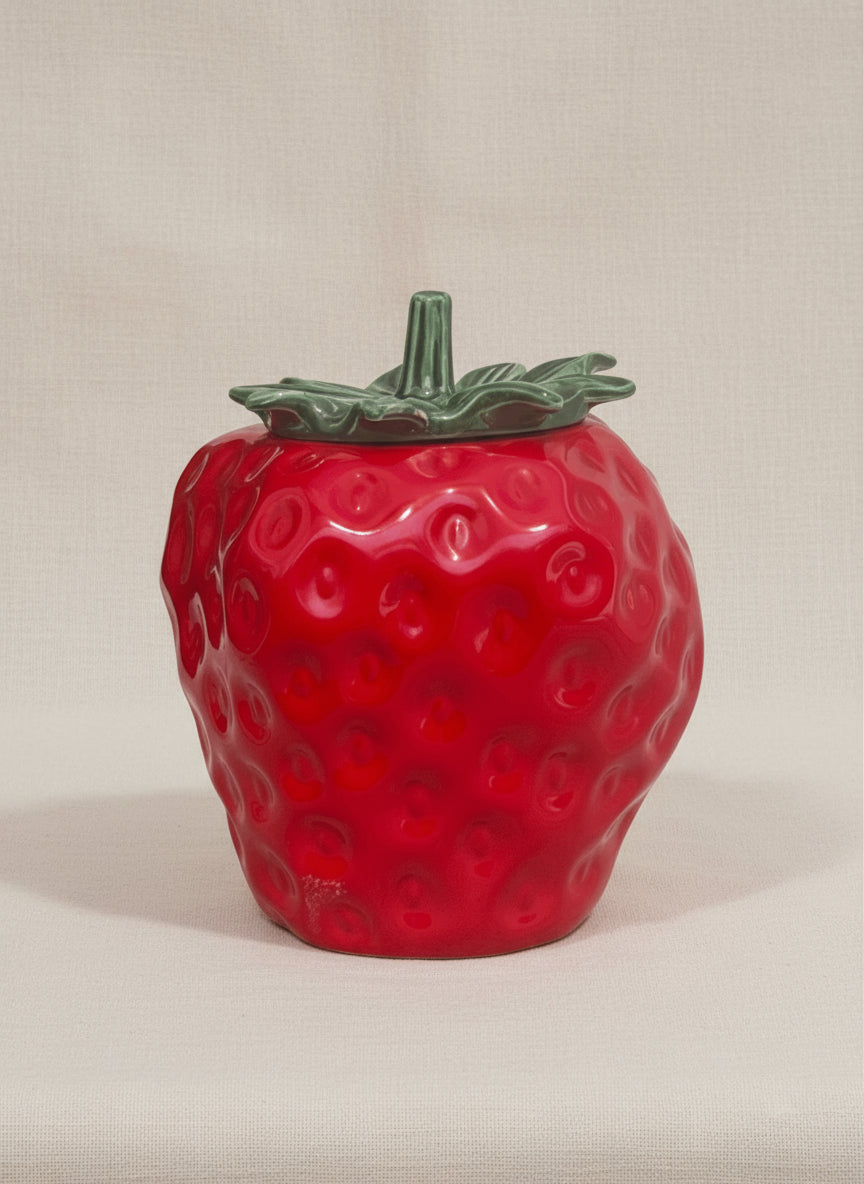 Vintage McCoy Pottery Strawberry Cookie Jar with vibrant red strawberry design for kitchen decor. hommes + gardens estudio.
