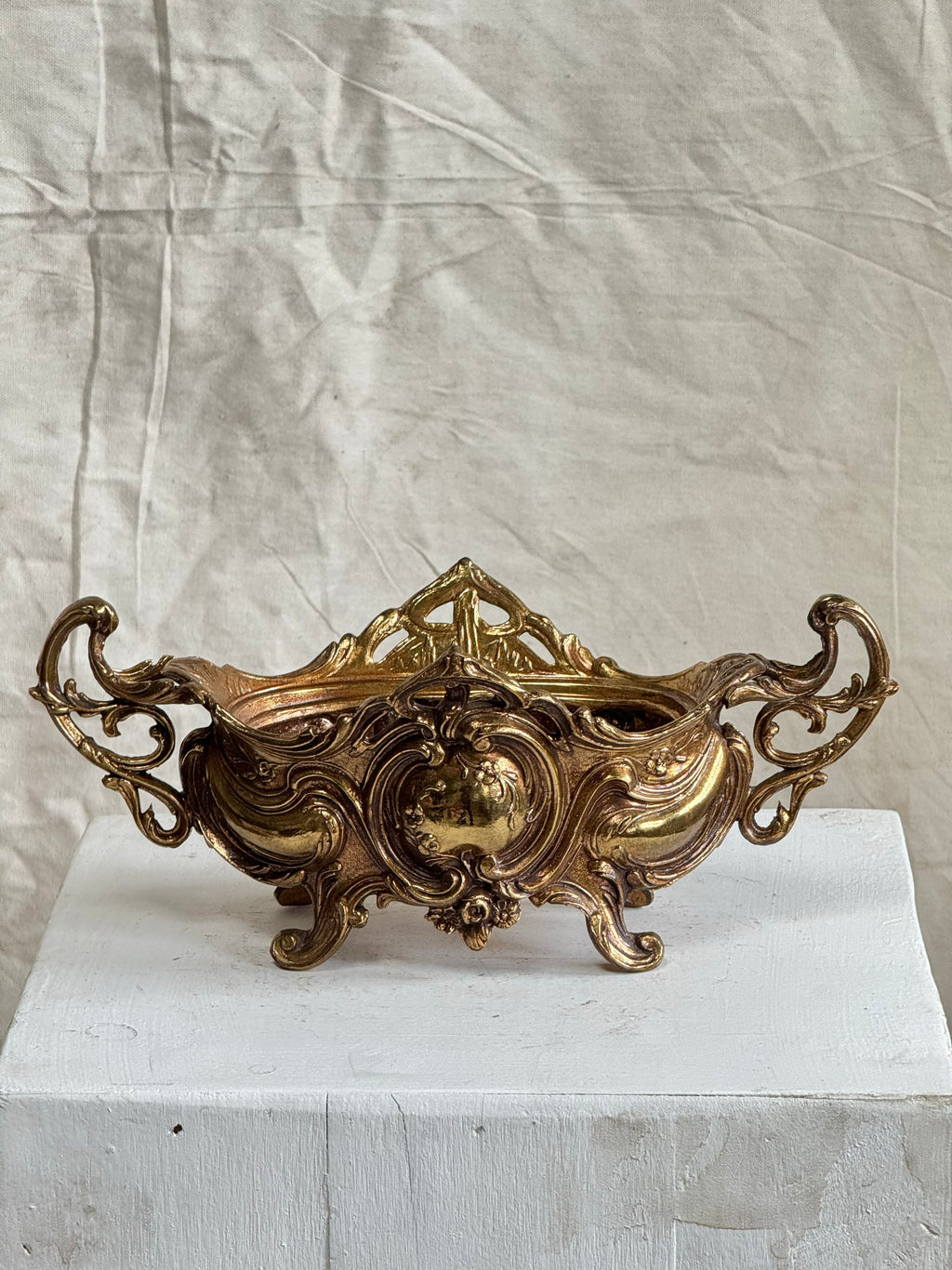 vintage brass planter bowl ornate detailing close up