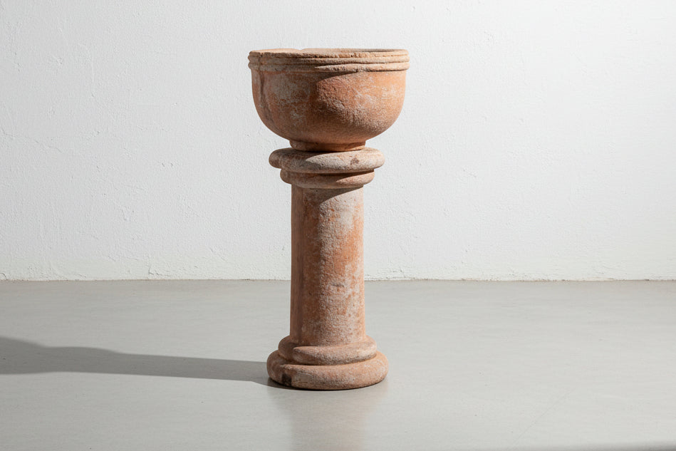 Vintage Sevilla Stone Planter w/ Pedestal showcasing timeless elegance in outdoor décor, hommes + gardens estudio.