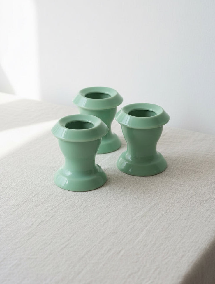 Vintage Teal Jadeite Egg Cup (Set of 3) on a table showcasing retro charm and vibrant teal hue, hommes + gardens estudio.