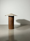 Rustic Primitive Folk Art Sculpture – Wooden Post with Aged White Metal Roof displayed in a minimalist setting. hommes + gardens estudio.