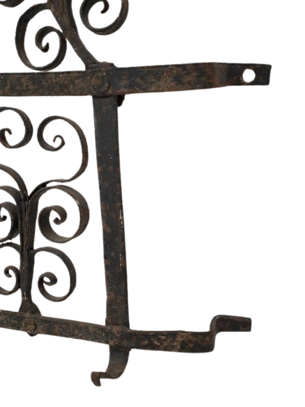 Antique 17th-Century Spanish Style Wrought Iron Wall Rack with Bird Motif showing intricate scrollwork and decorative design hommes + gardens estudio.