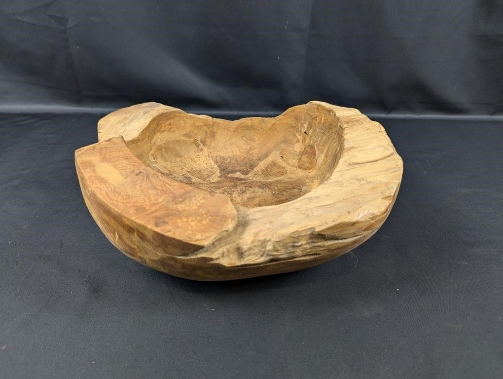 Hand-Carved Organic Teak Wood Bowl with Natural Edge & Sculptural Form