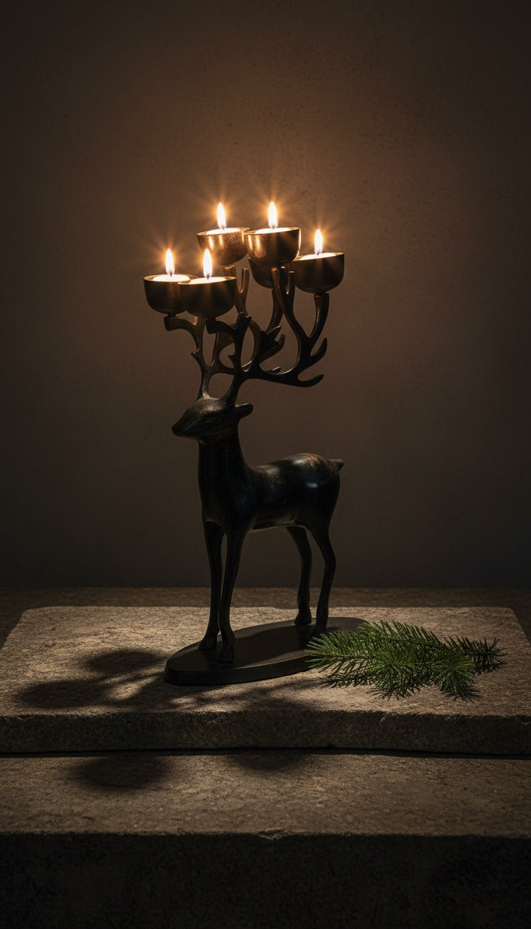 Elegant Black Metal Stag Candelabra with Sculptural Antler Candle Cups