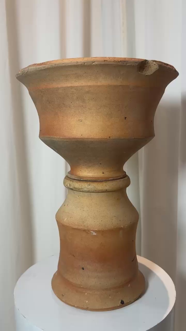 Antique rustic terracotta pot in hourglass shape with two-piece construction and natural weathered patina, handcrafted decorative statement pottery — Hommes and Gardens, Pots + Planters Collection, Landscape Architect, Interior Designer, Outdoor Living, Art, Furniture, Objects, Best Gifts, Nature, Backyard, Yard, Outdoor Decorations, Home Decor, Home Design, Luxury Design.