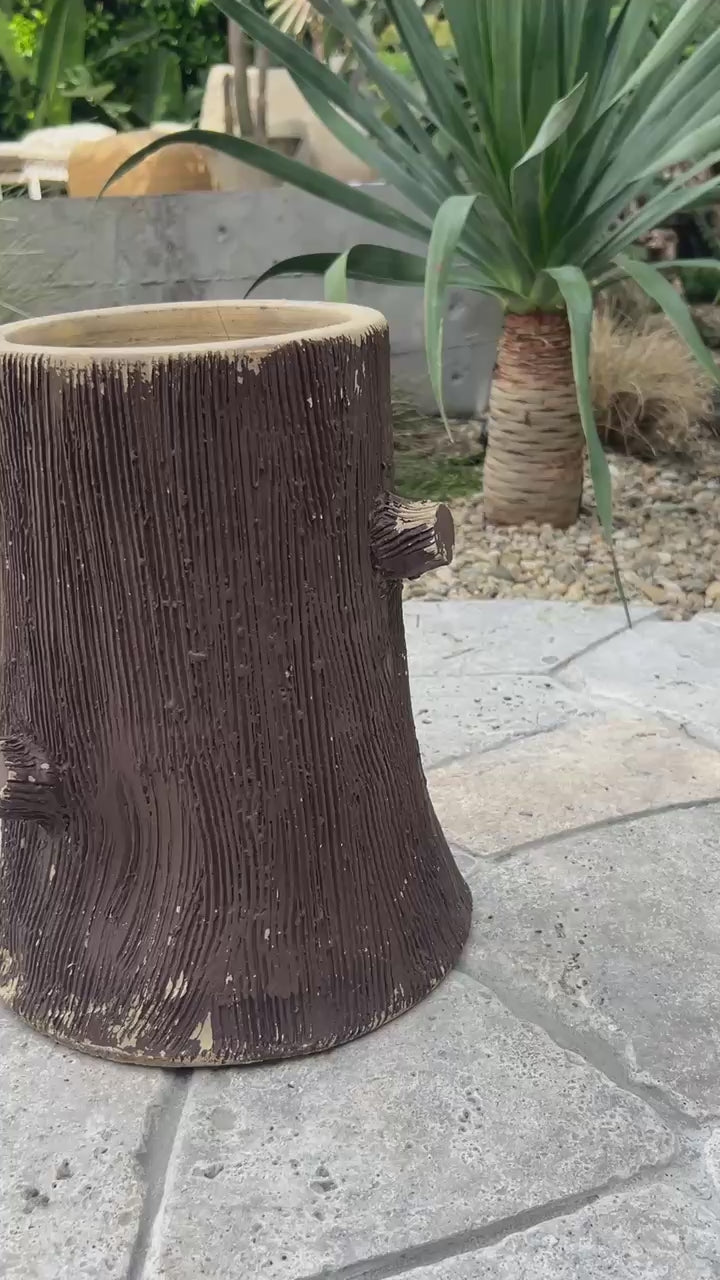 Vintage Faux Bois Tree Stump Ceramic Planter Rustic Woodland Garden Jardiniere