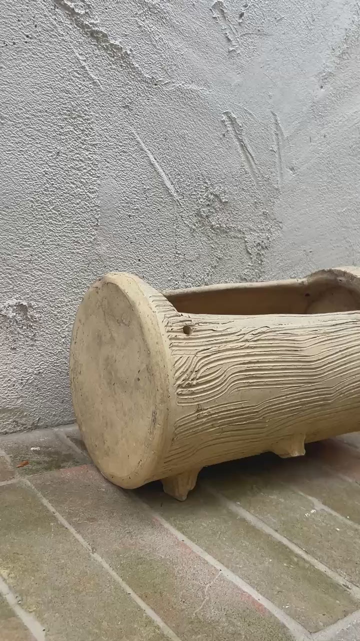 Vintage Faux Bois Log Planter Jardiniere – Rustic Cast Concrete Tree Trunk Garden Planter with Bark Texture