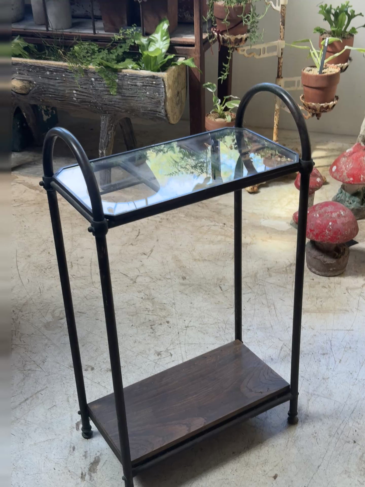Antique Industrial Copper & Glass Entryway Stand with Wooden Shelf showcasing a glass top and wooden lower shelf, hommes + gardens estudio.