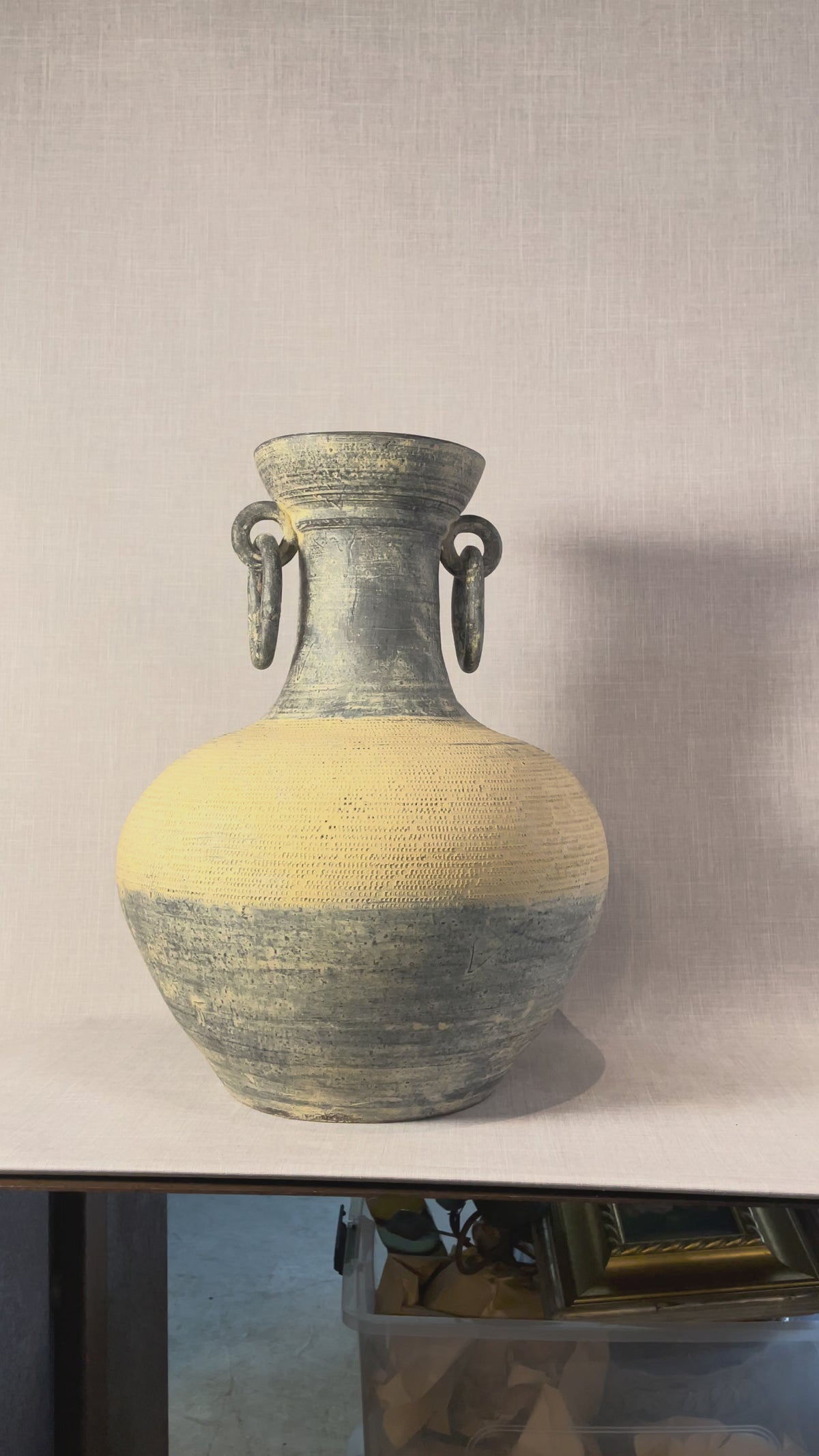 Monumental Textured Studio Pottery Amphora Vase with Sculptural Ring Handles, showcasing earthy tones and unique textures, hommes + gardens estudio.