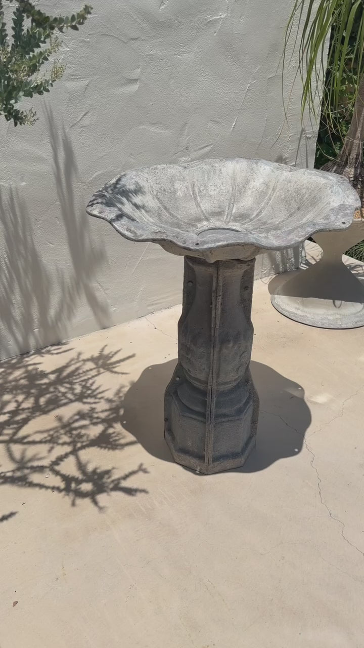 Vintage Galvanized Metal Bird Bath with Architectural Pedestal, 31” Tall