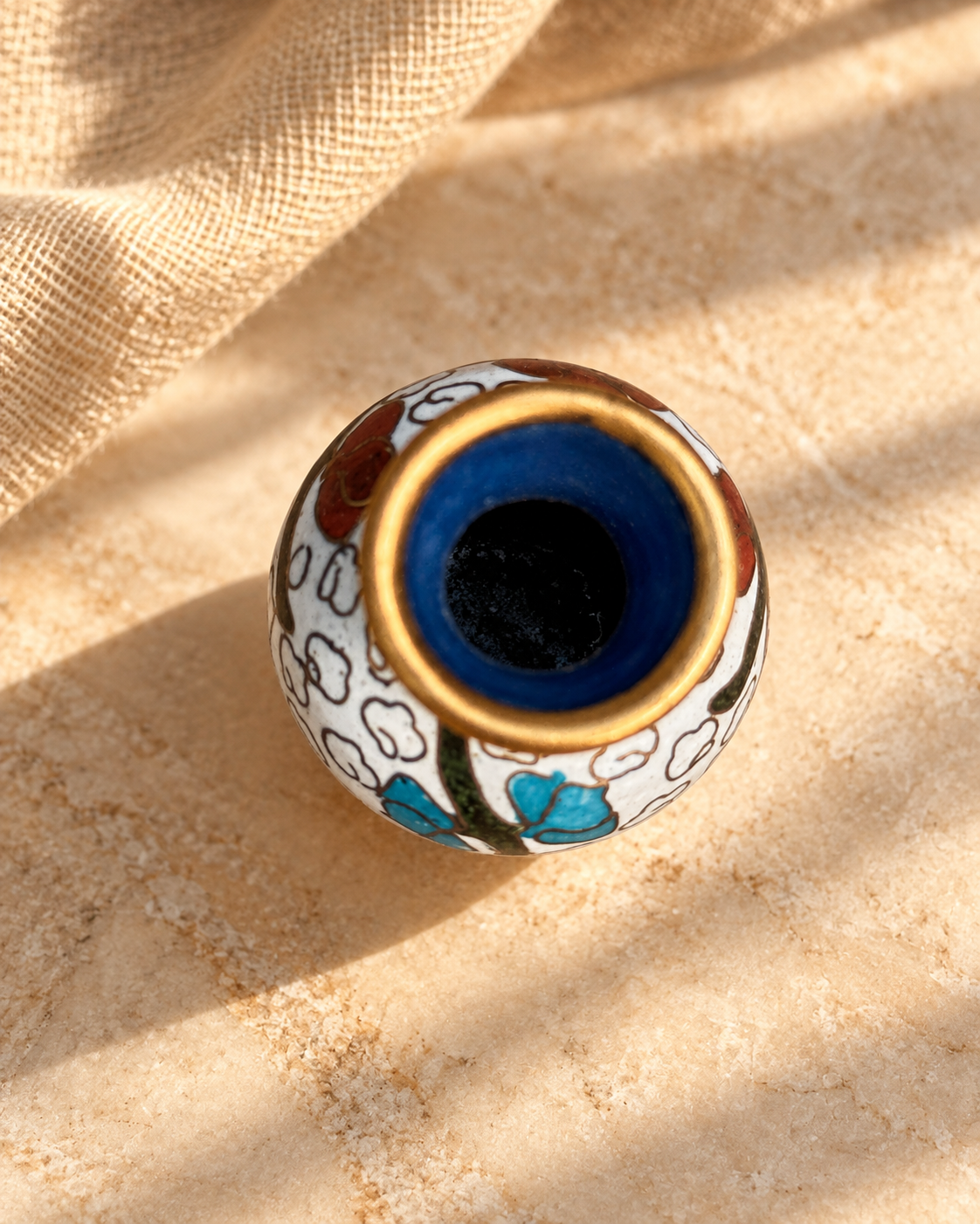 Top view of Chinese cloisonné bud vase showing cobalt blue enamel interior and brass-toned rim — Hommes and Gardens, Vases + Vessels Collection, Objects + Curiosities Collection, Home Decor, Interior Designer, Home Design, Luxury Design, Art, Objects, Chinese Design, Enamelware, Asian Decorative Arts.